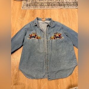 Vintage Light Blue Denim Button-Down Shirt with Floral Embroidery